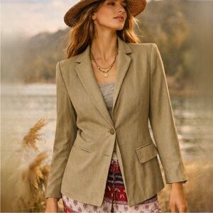 Vintage 1980’s Anne Klein Tan Wool Lined Pocket Shoulder-pad Blazer Size 6